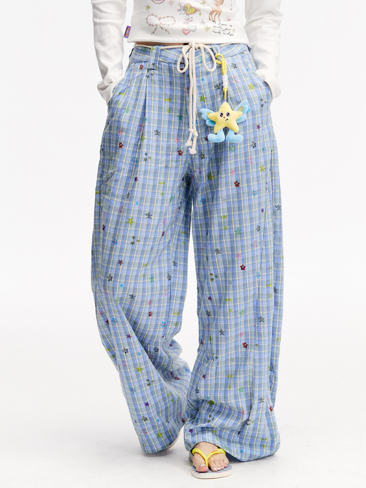 Ashlight - Leichte Damen-Hose mit Sternen-Karomuster und Kordelzug