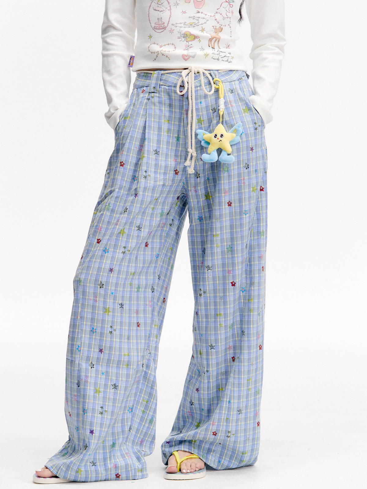 Ashlight - Leichte Damen-Hose mit Sternen-Karomuster und Kordelzug
