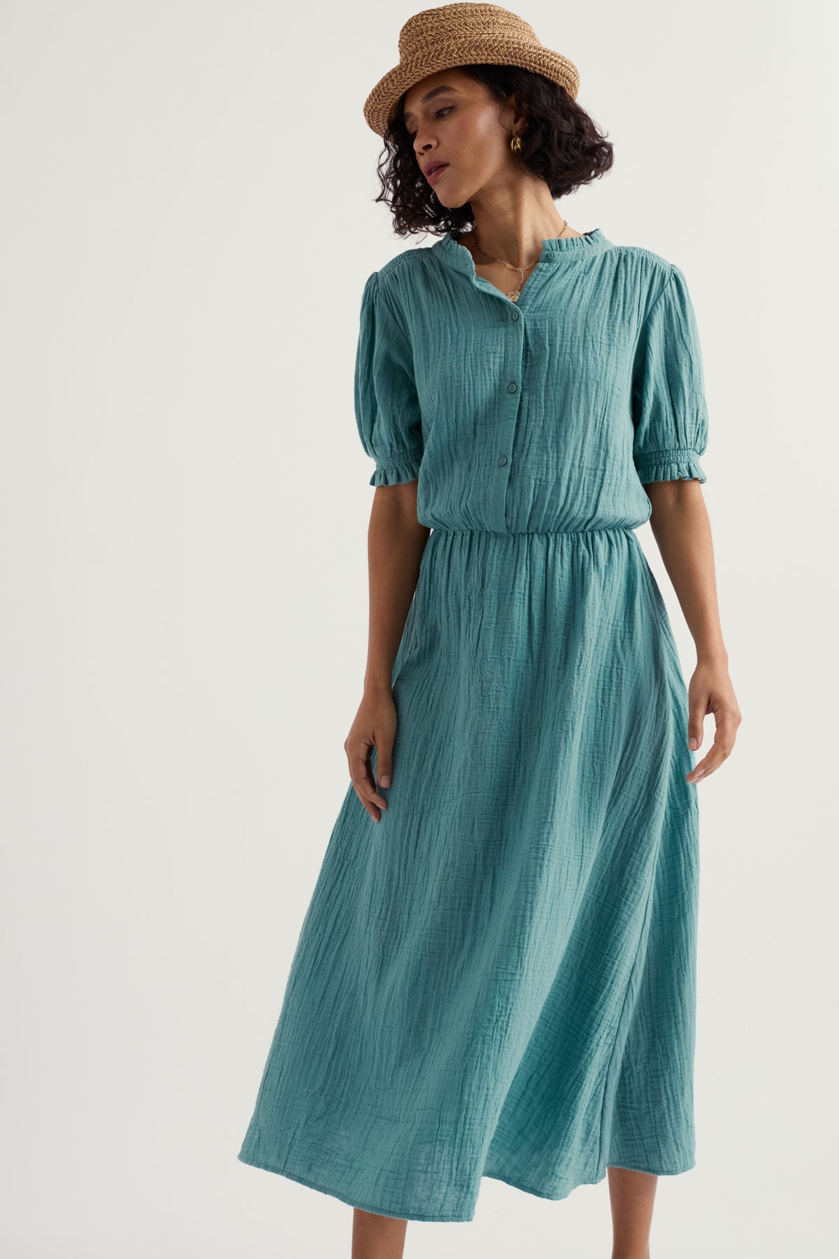 Shore Path Midikleid aus GOTS-zertifizierter Bio-Baumwolle mit halblangen Ärmeln